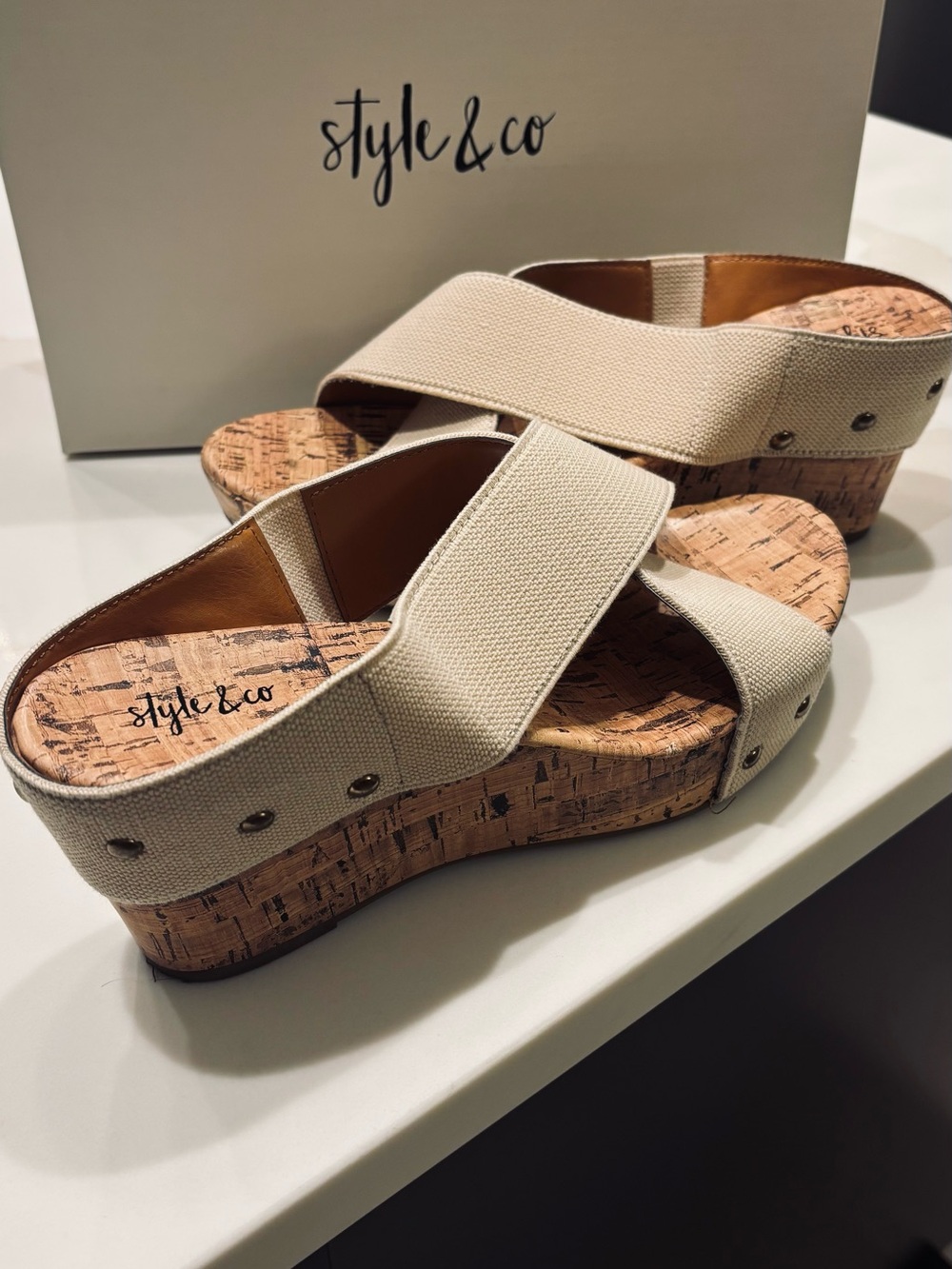 Style & Co. Beige Canvas Cork Platform Wedges
